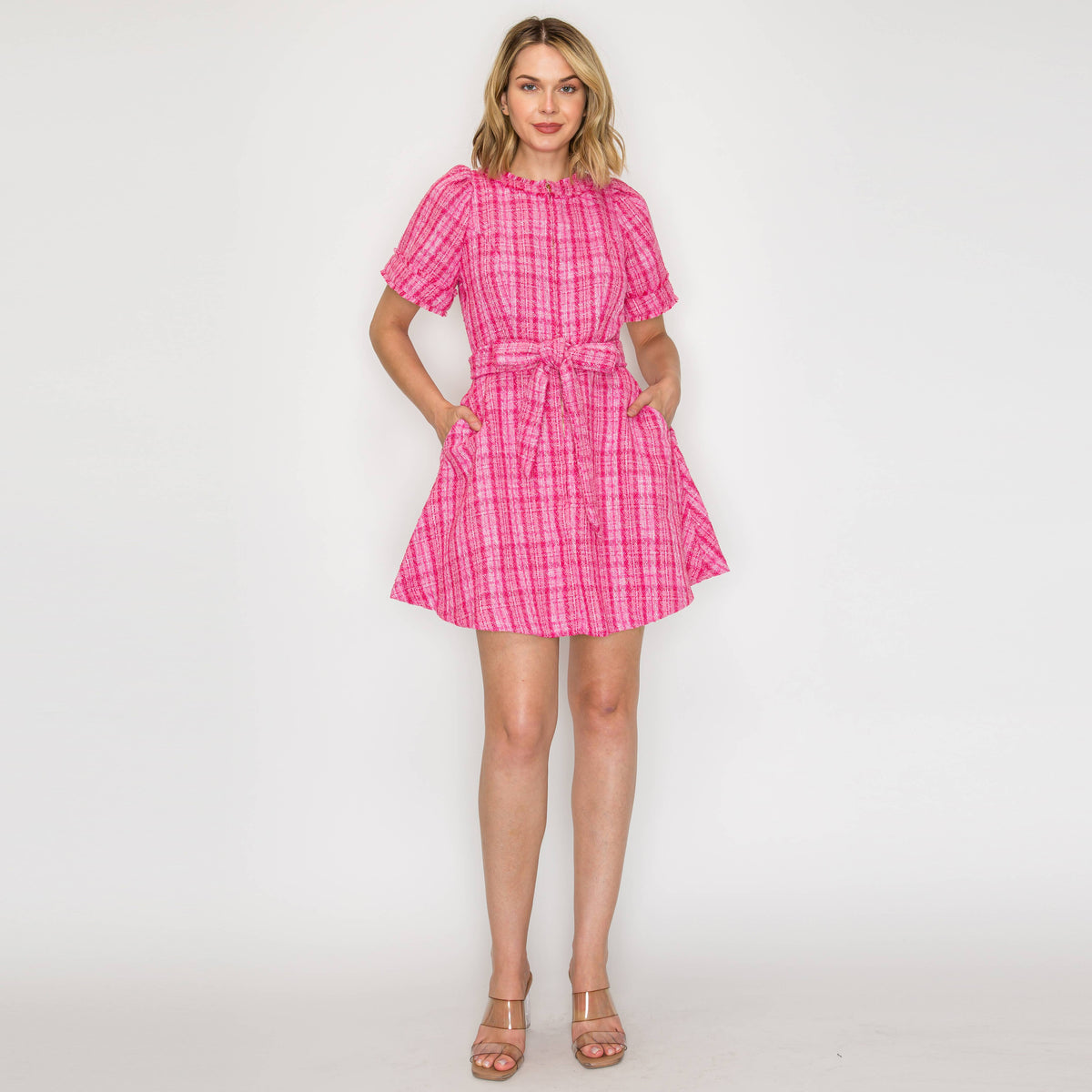 Pretty Pink Checker Boucle Mini Dress – Miss Scarlett Boutique
