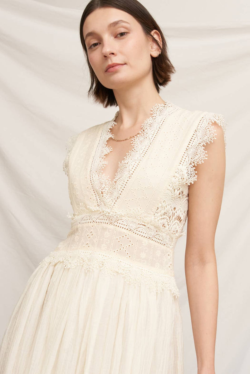 cream lace trim pleated midi dress ASTR the Label | Eloise Eyelet Lace Midi Dress in Cream
