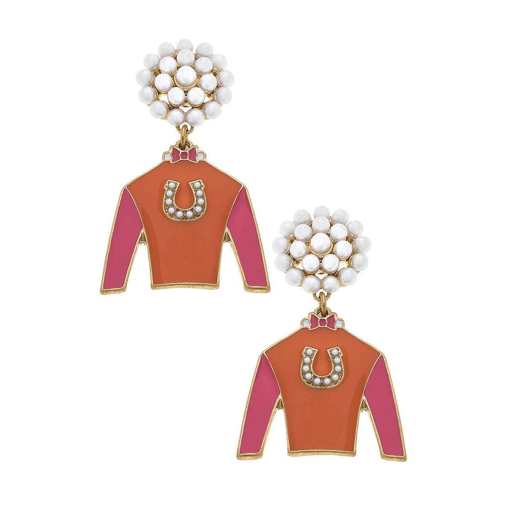 Canvas Style - Riva Ridge Jockey Silk Enamel Drop Earrings in Orange & Pink