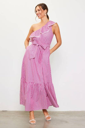 Striped One Shoulder Ruffle Dress