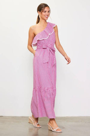 Striped One Shoulder Ruffle Dress