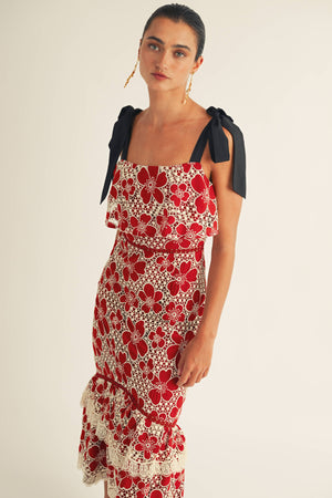 Flower Embo Lace Midi Dress
