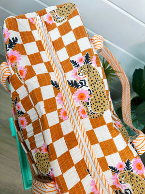 Gold Checkered Jaguar Print Quilted Duffle Bag