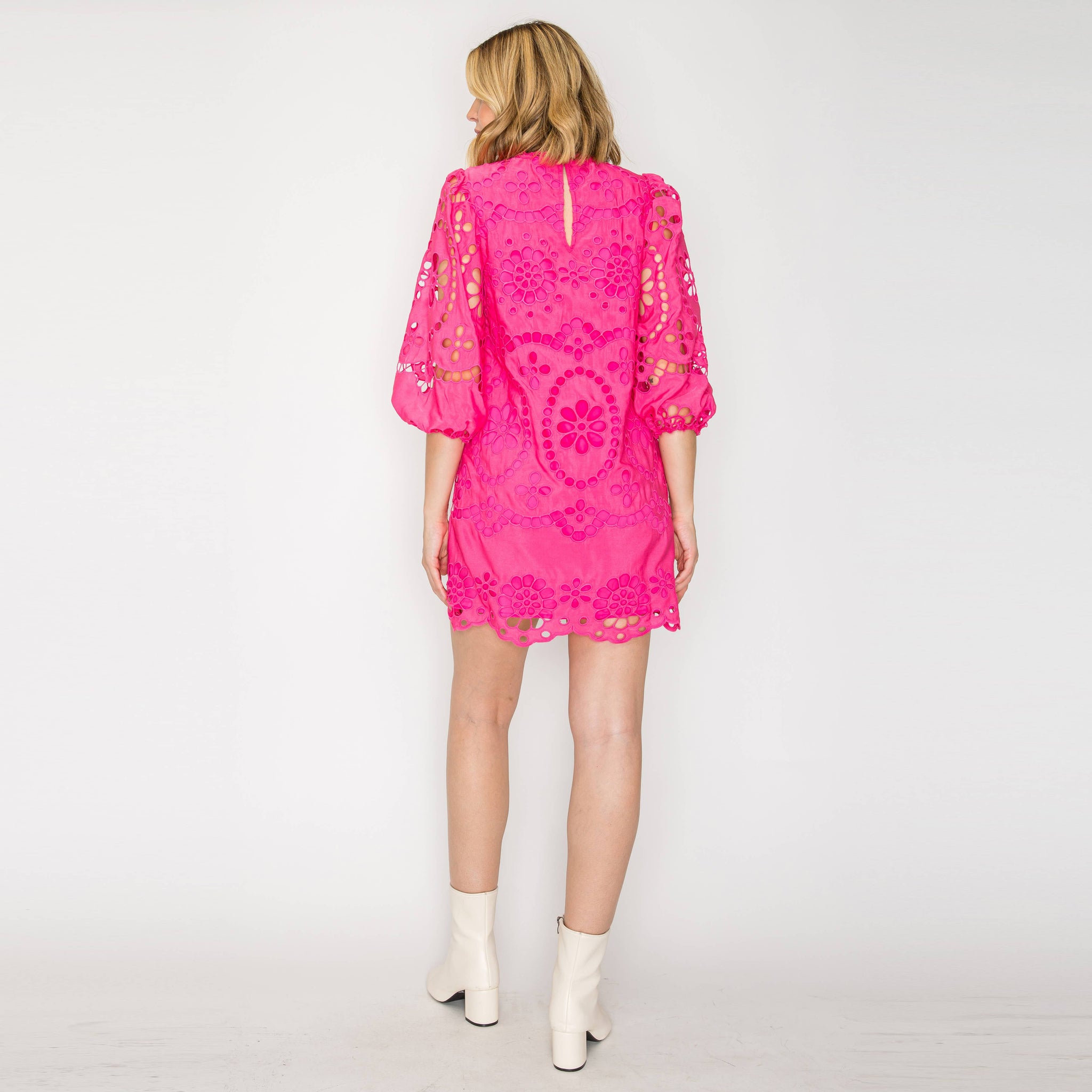 Dragonfruit Pink Daisy Eyelet Mini Dress