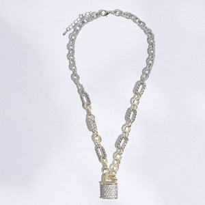 Linked Solid and Twisted Chain CZ Lock Necklace