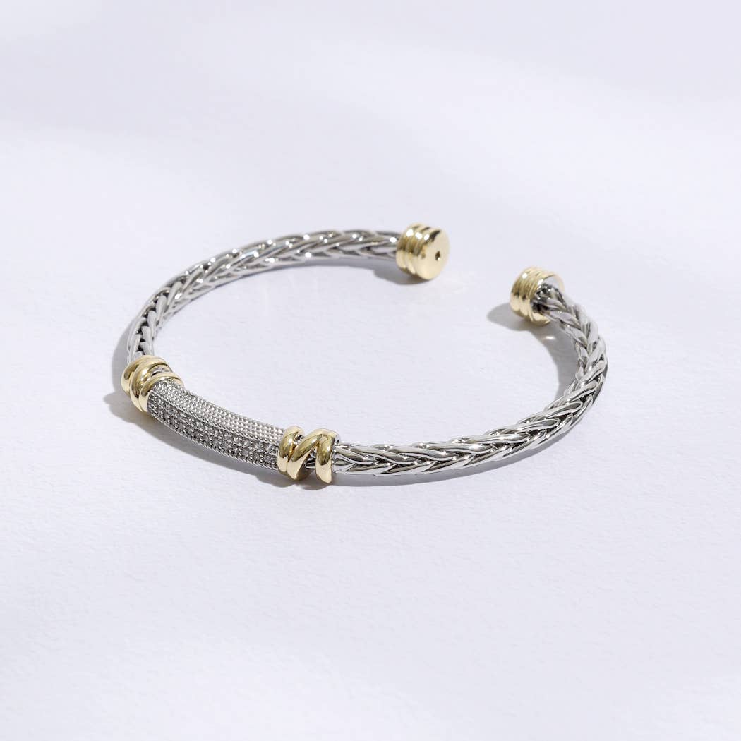 Braid Bangle CZ Bar Center Cylinder Edge Bracelet