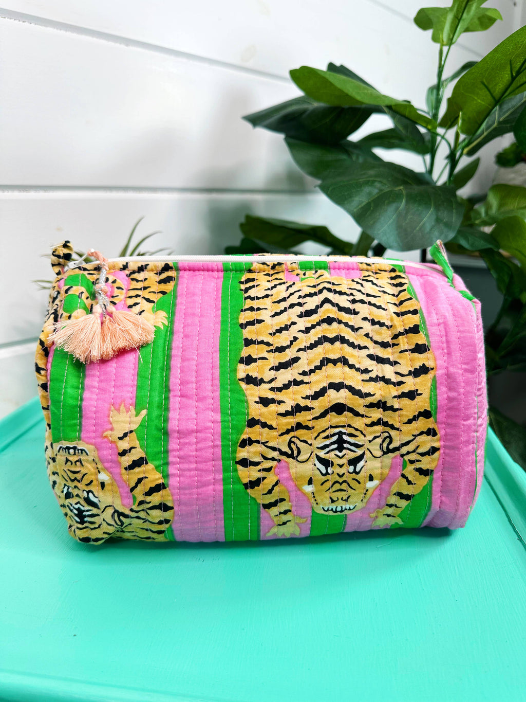 Pink and Green Tiger Print Cosmetic Bag