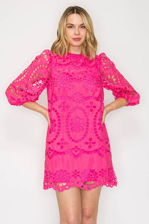 Dragonfruit Pink Daisy Eyelet Mini Dress