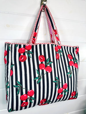 Cherry Print Quilted Tote Bag