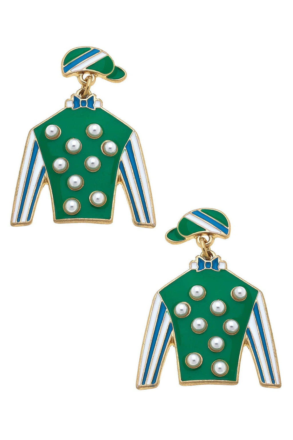 Freckles Jockey Silk Enamel Drop Earrings in Green & Blue