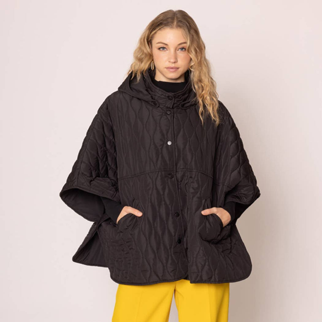 Black Quilted Padded Hoodie Poncho Cape