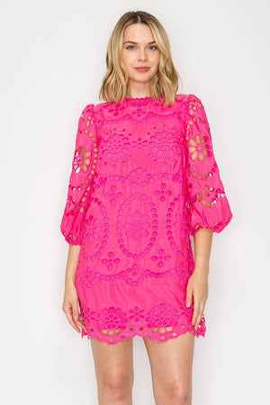 Dragonfruit Pink Daisy Eyelet Mini Dress