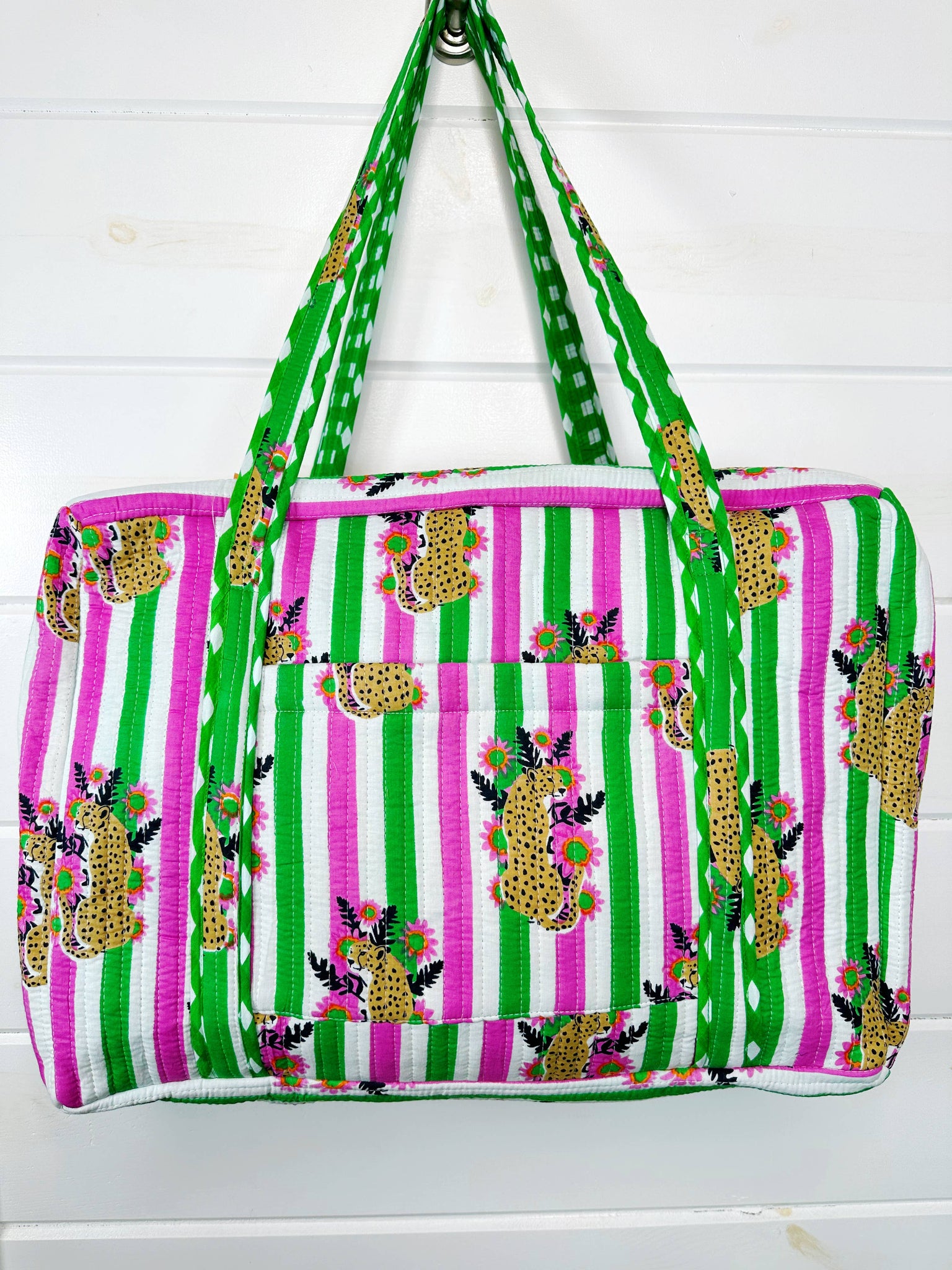 Pink and Green Jaguar Print Quilted Duffle Bag