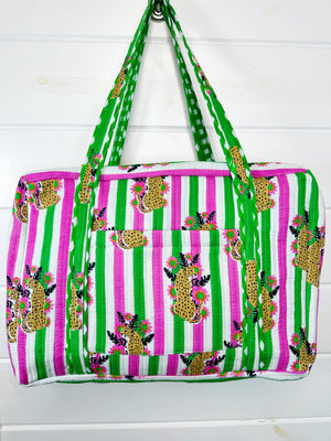 Pink and Green Jaguar Print Quilted Duffle Bag