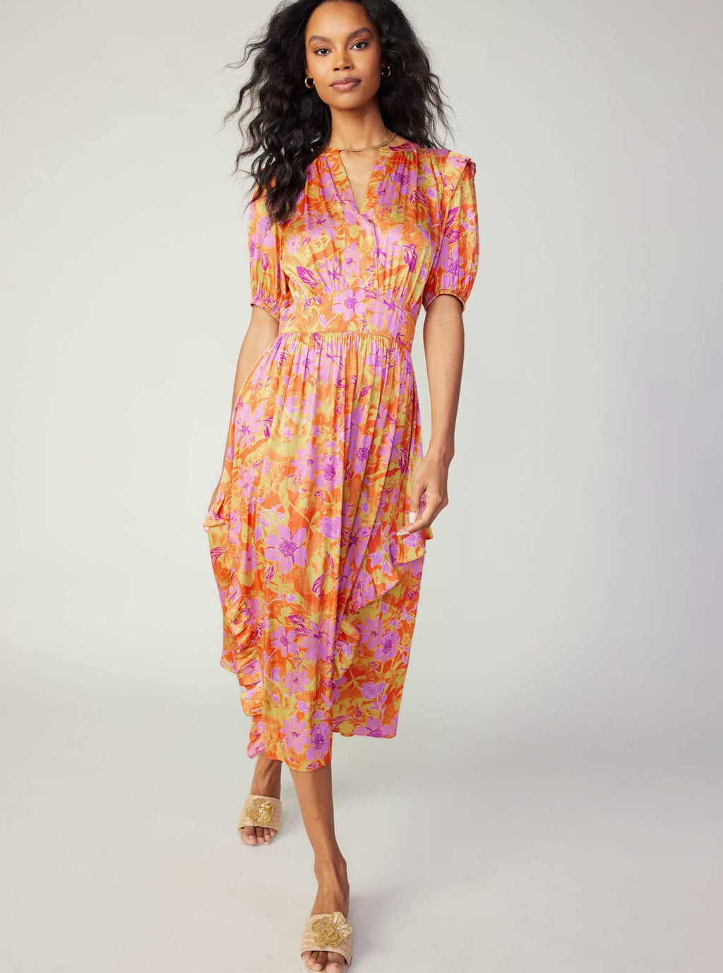 Floral Print Ruffle Detail Midi Dress