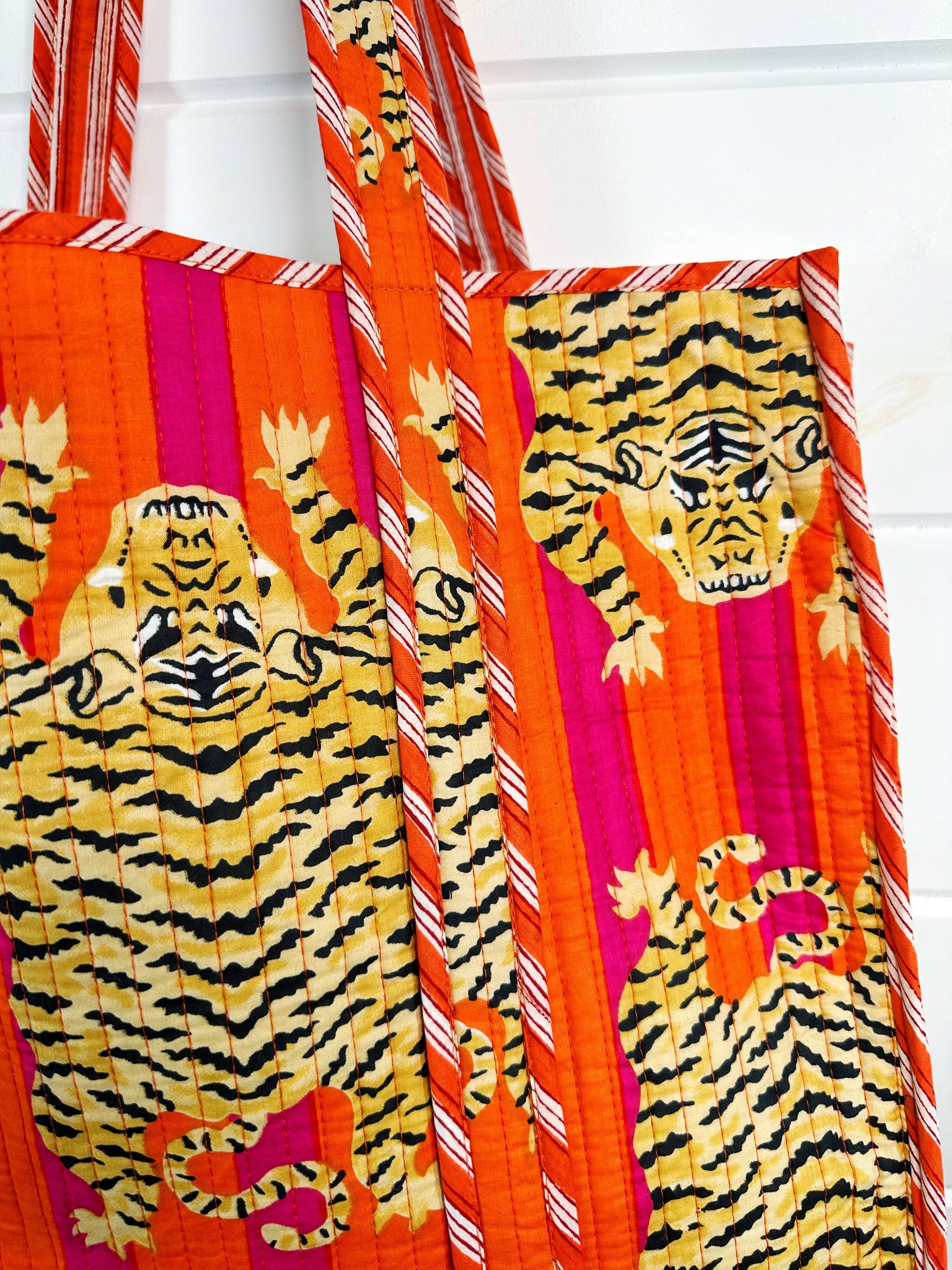 Orange Quilted Tiger Print Tote Bag