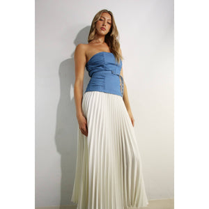 Denim Contrast Pleated Tube Dress