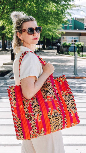 Orange Quilted Tiger Print Tote Bag