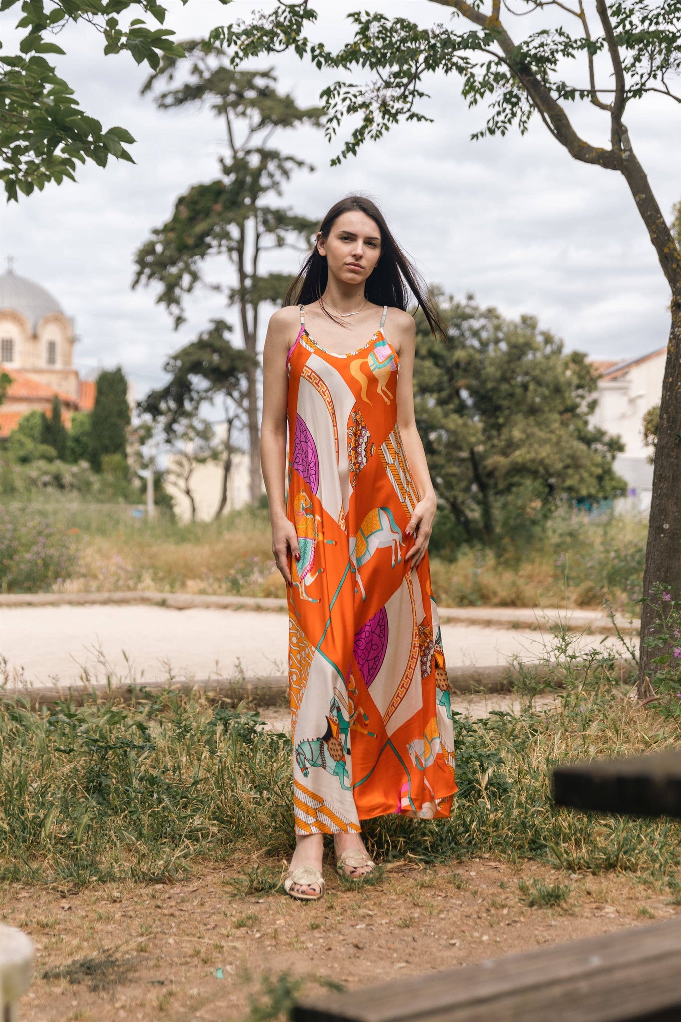 Equestrian Slip Dress - Orange, Black & Navy
