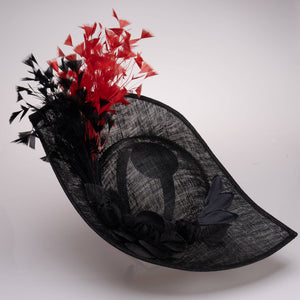 Sinamay Base With Flowers Feathers On The Brim - Red