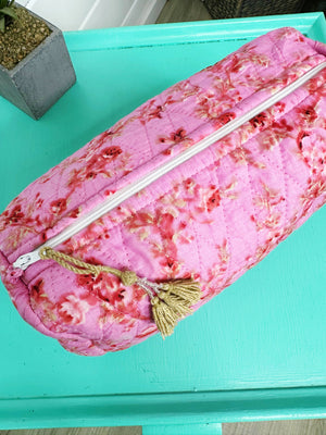 Pink Floral Print Diamond Quilted Travel Cosmetics Bag