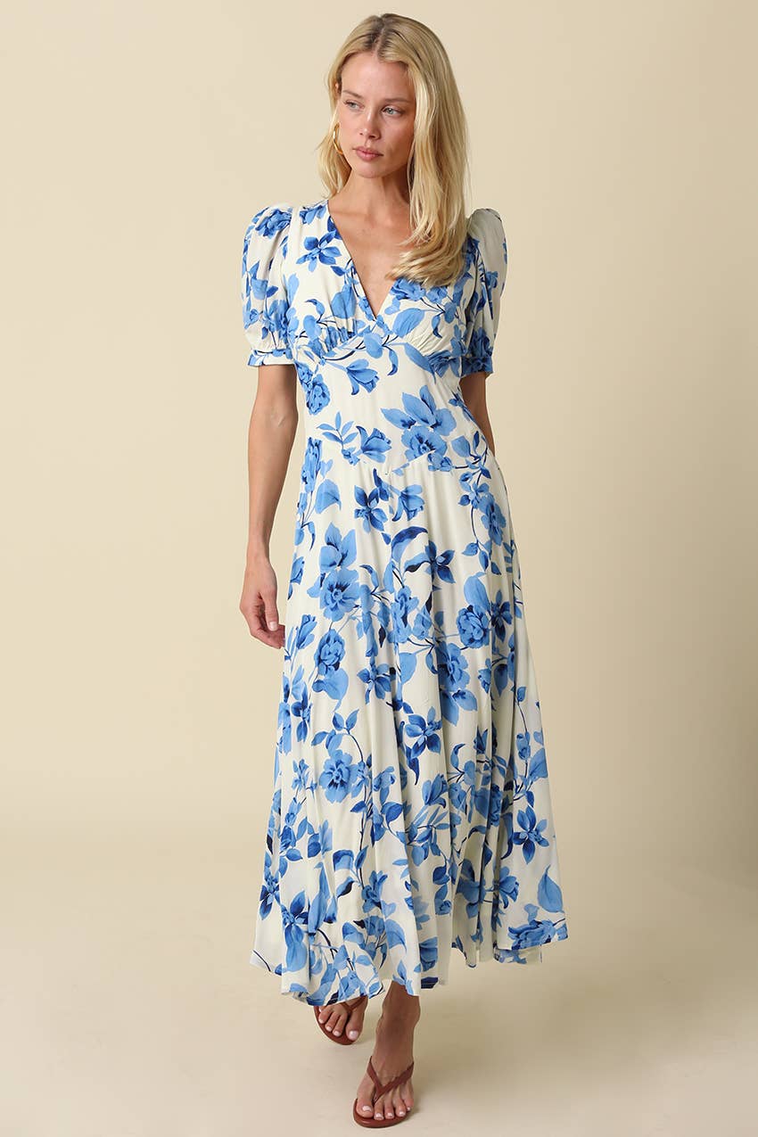 Cary Floral Puff Sleeve Maxi Dress M