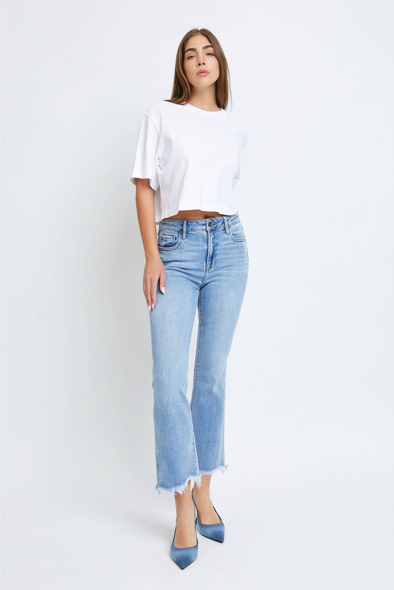 Hidden Jeans - Medium Wash Clean Frayed Hem Stretch Crop Flare