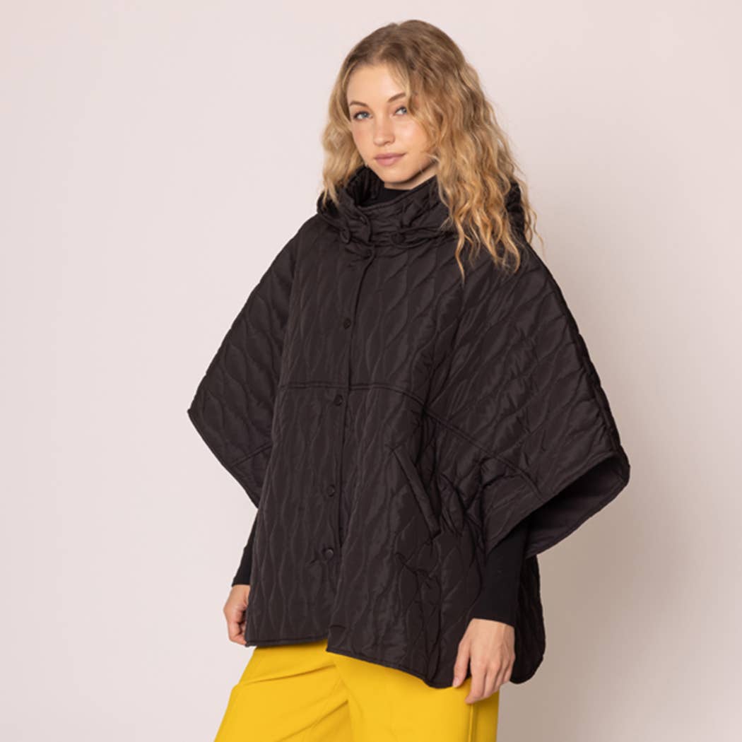 Black Quilted Padded Hoodie Poncho Cape