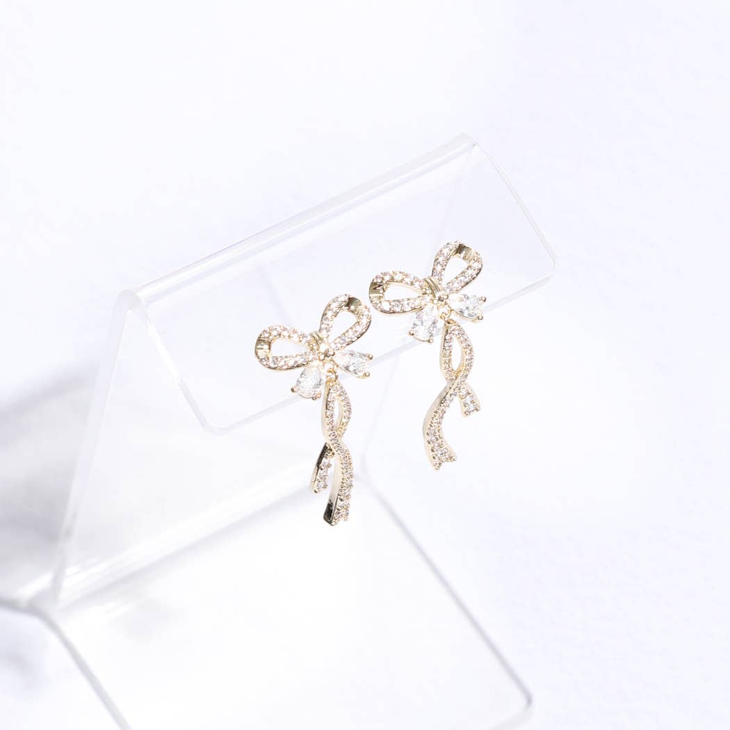 Long Tail Gold Ribbon CZ Post Earrings