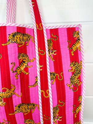 Pink Striped Tiger Quilted Tote Bag