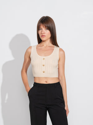 3 Button Knit Top - Beige