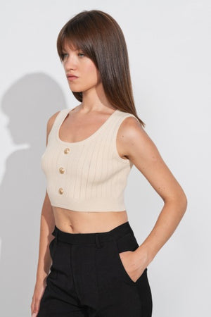3 Button Knit Top - Beige
