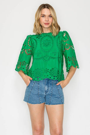 Green Daisy Eyelet Top