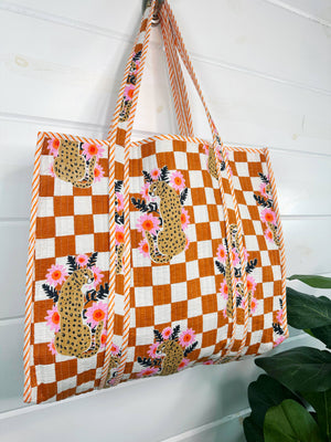 Gold Checkered Jaguar Quilted Tote Bag