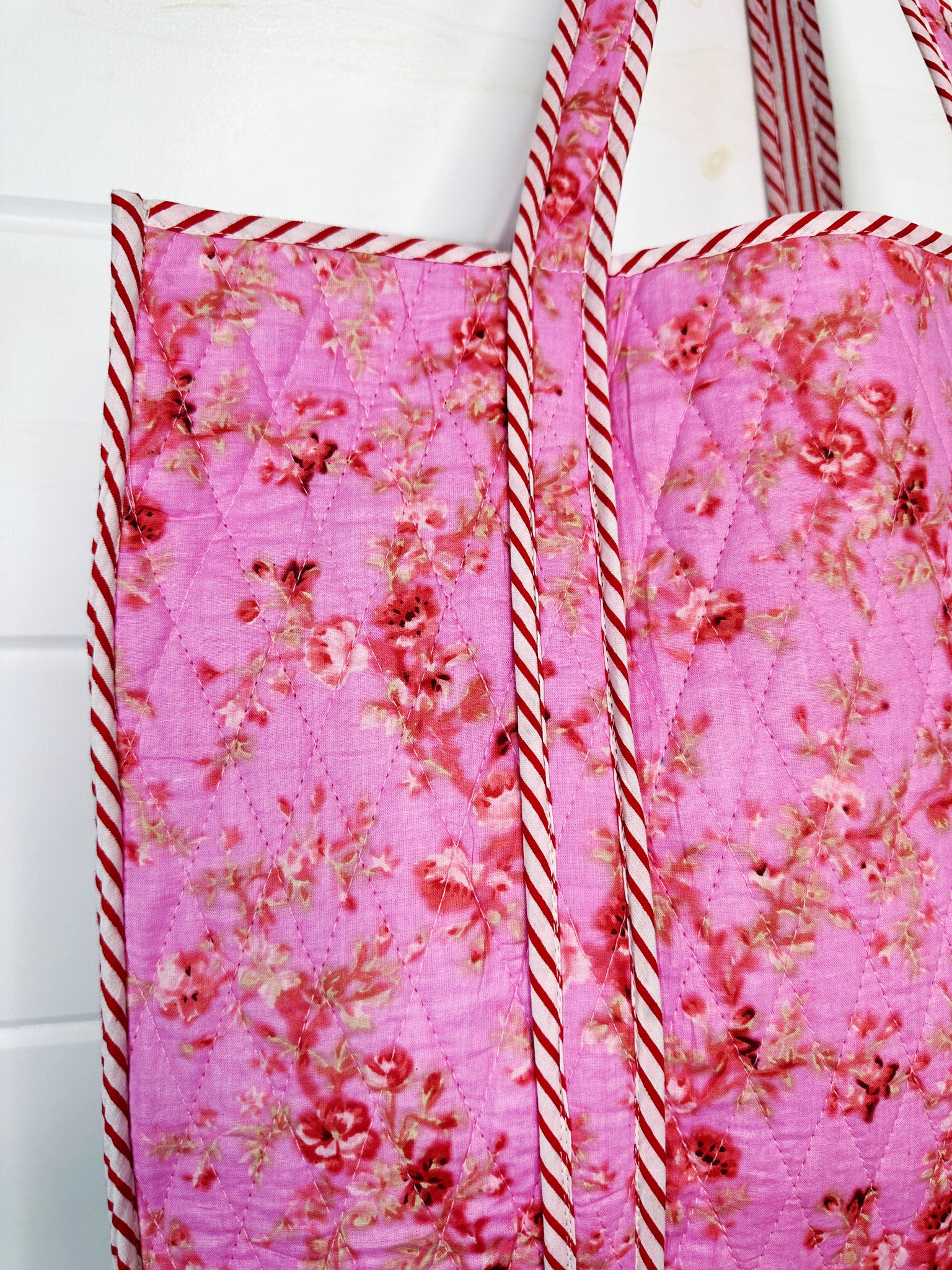 Pink Floral Print Oversized Quilted Tote Bag
