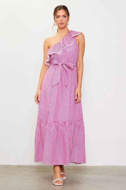 Striped One Shoulder Ruffle Dress