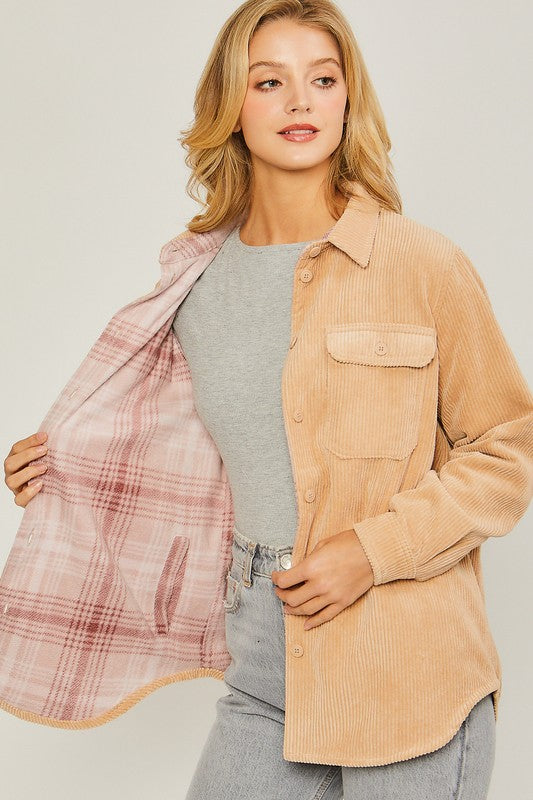 Camel Corduroy Reversible Button Down Jacket