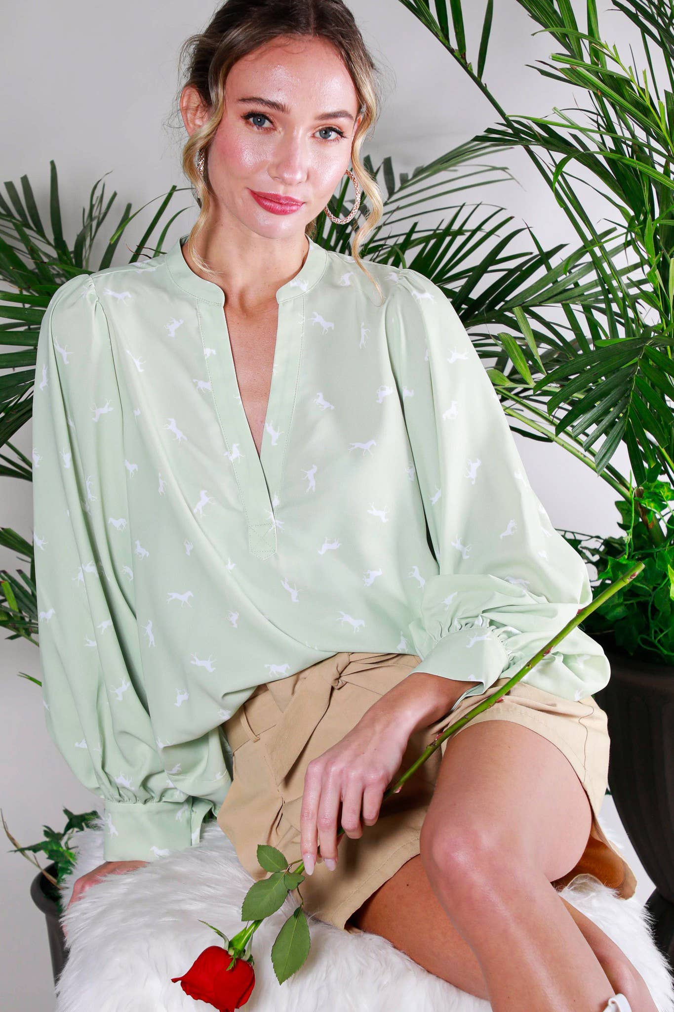 Horse Print Balloon Sleeve Blouse