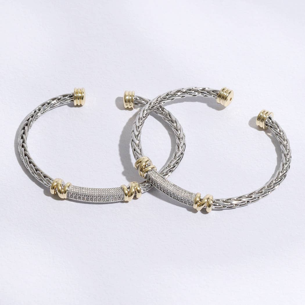 Braid Bangle CZ Bar Center Cylinder Edge Bracelet