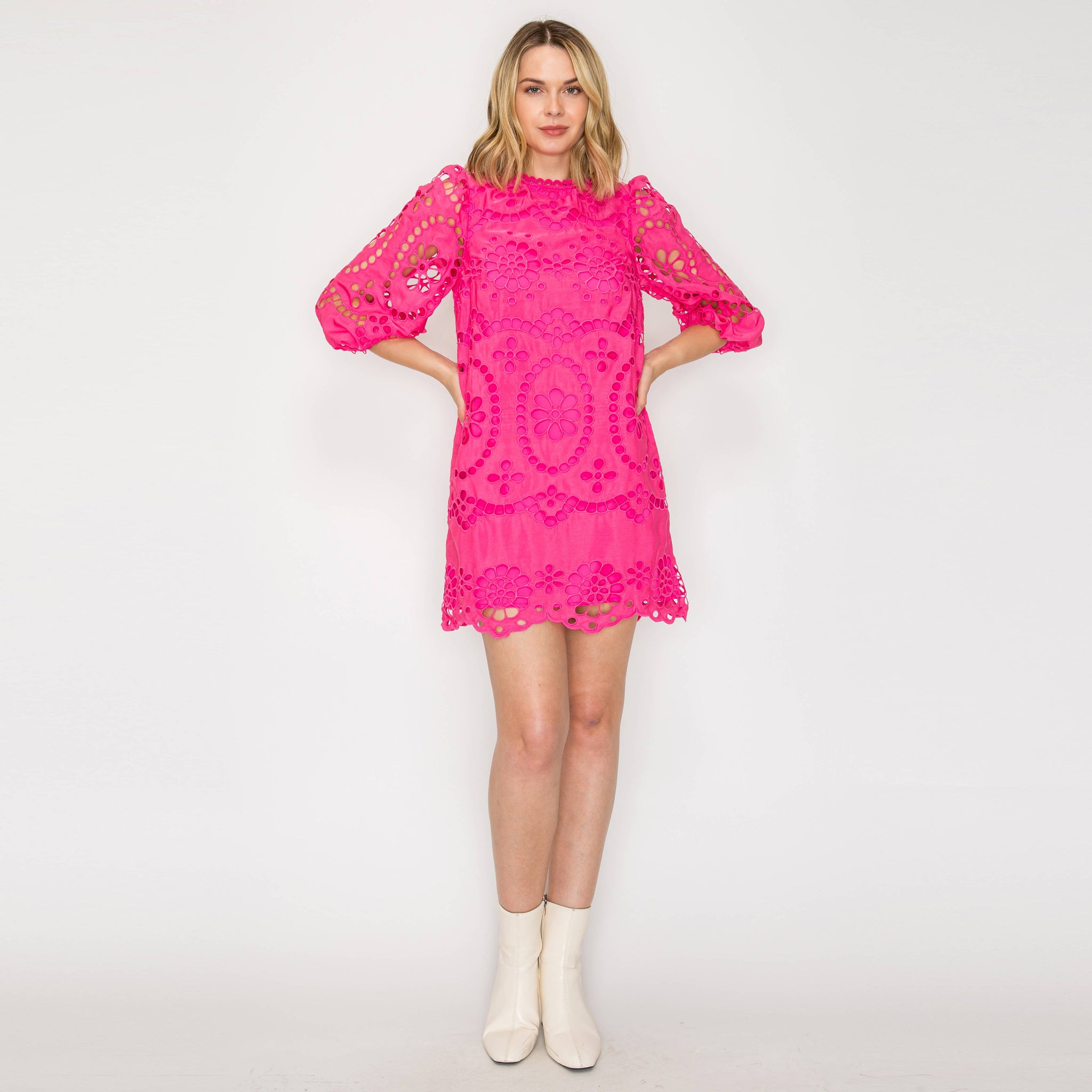 Dragonfruit Pink Daisy Eyelet Mini Dress