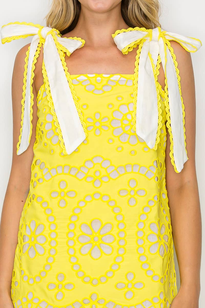Yellow Daisy Eyelet Embroidery Mini Dress