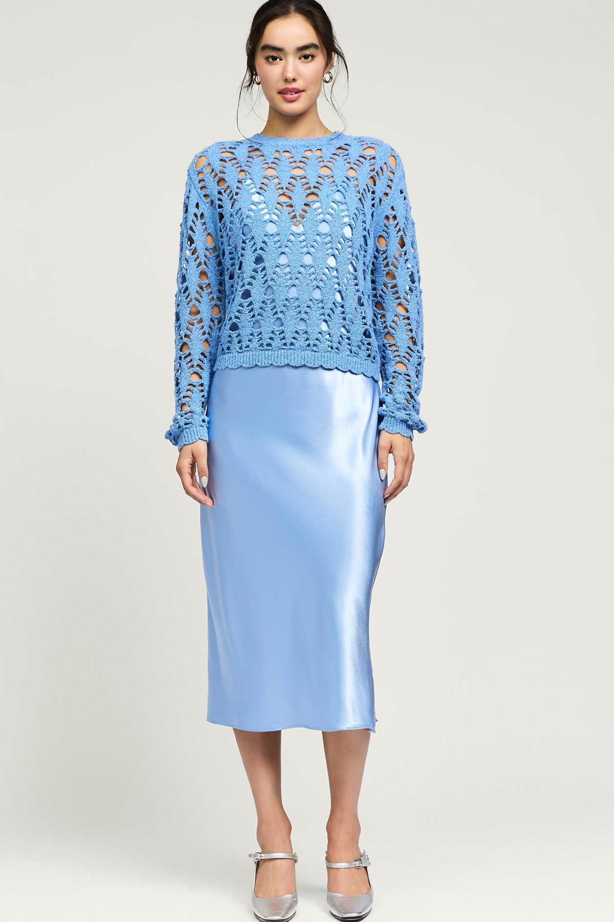 Pointelle Sweater Satin Dress Set M