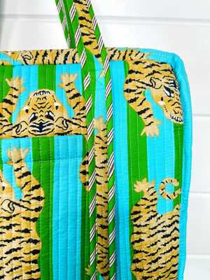 Green and Blue Striped Tiger Print Quilted Duffle Bag