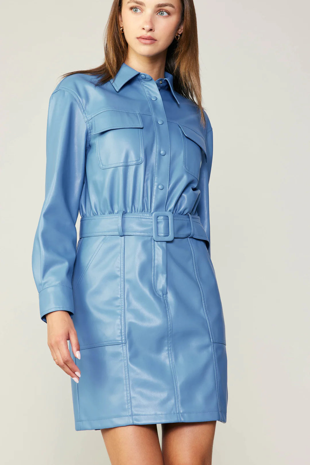 Blue faux 2025 leather dress