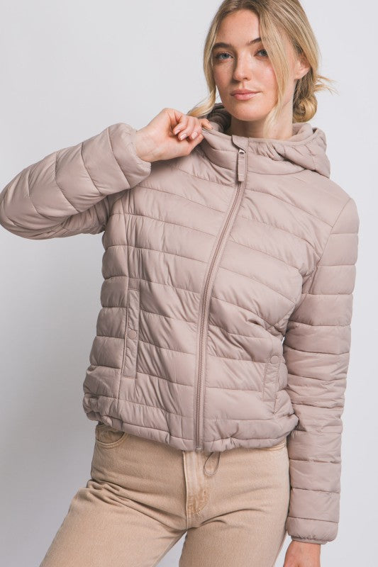 Hooded Light Puffer Jacket Taupe