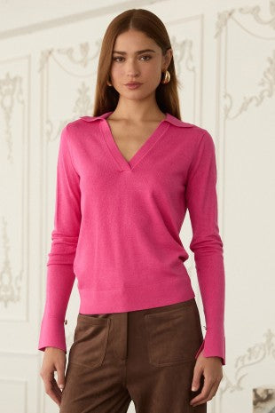 Collared V Neck Sweater Top Pink