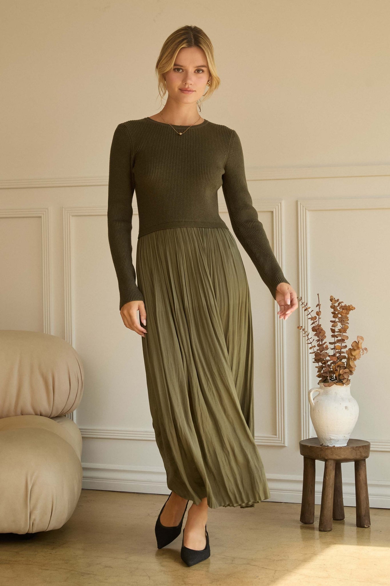 Olive Mixed Media Sweater Dress