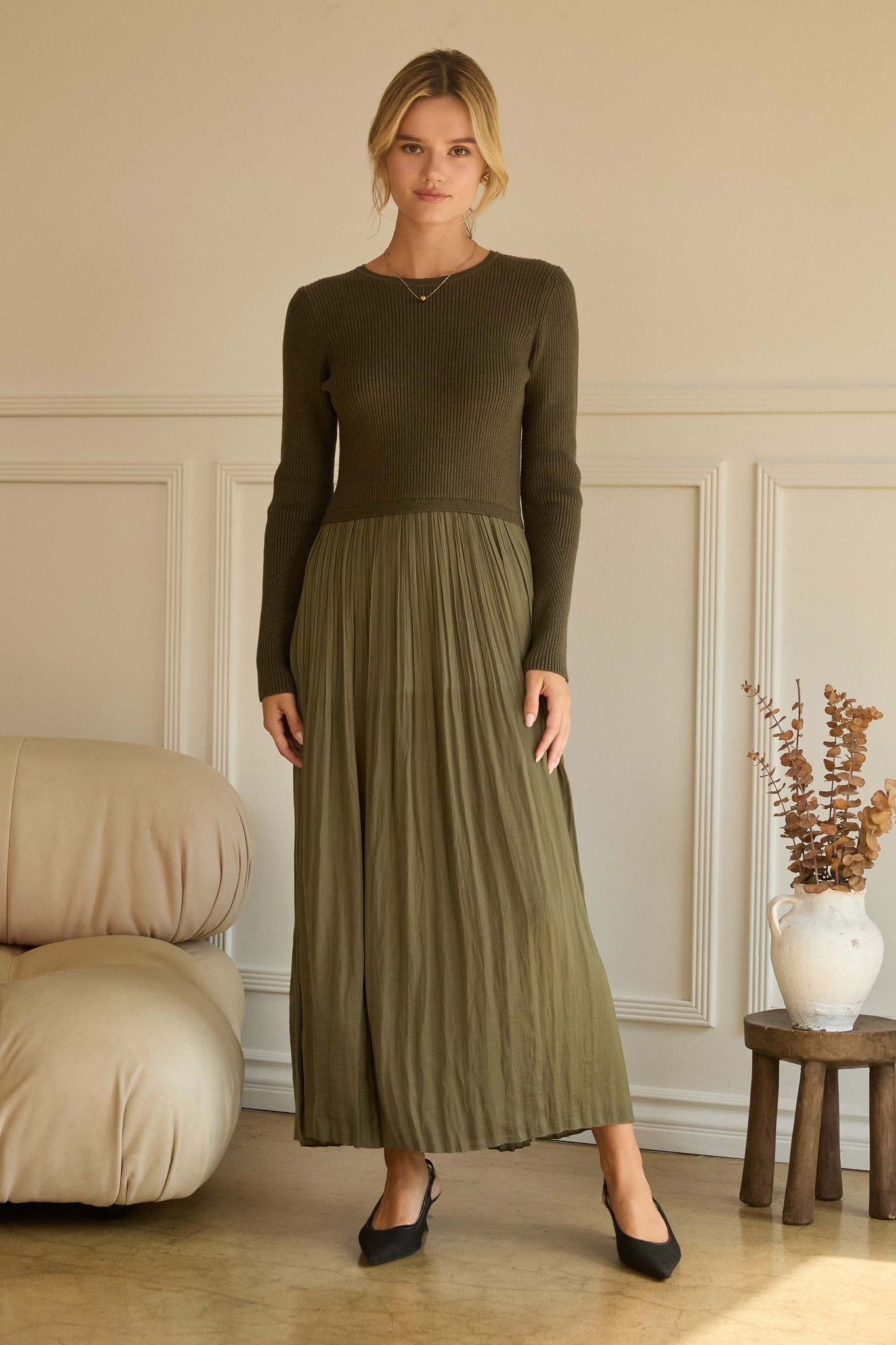 Olive Mixed Media Sweater Dress