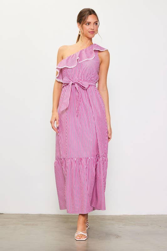 Striped One Shoulder Ruffle Dress