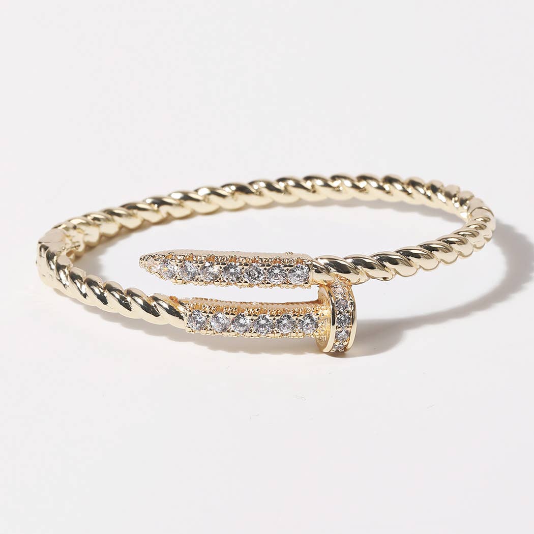 CZ Pave Edge Twisted Gold Plated Bangle Bracelet